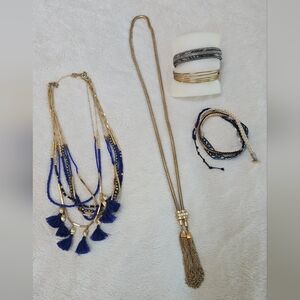 Stella & Dot Blue and Gold Tassel Necklace